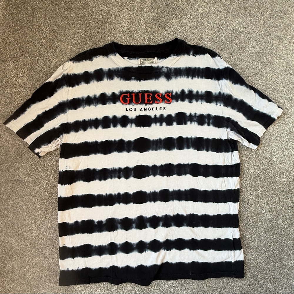 Men’s Medium Guess Tie Dye Striped T-Shirt – Black & White